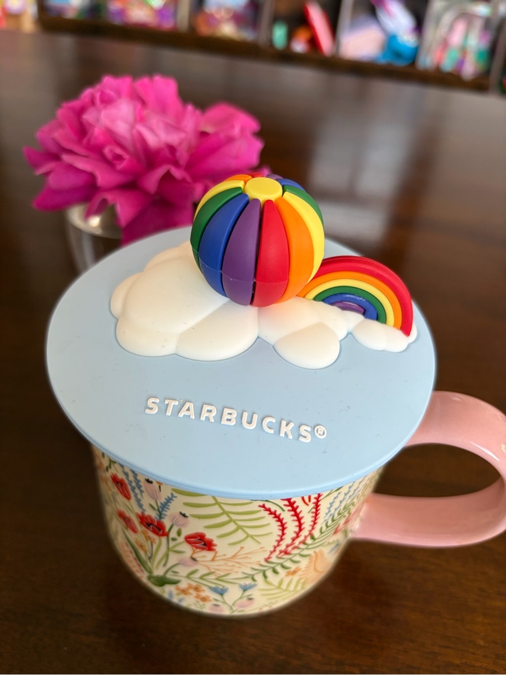 Starbucks Pastel Blue Floral Mug with Rainbow Silicone Topper